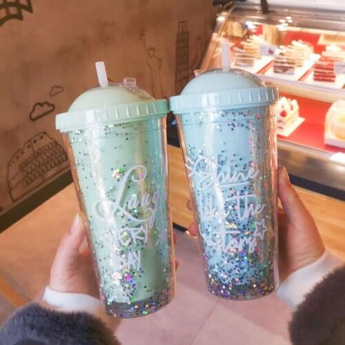 Flash Film Double Cups Creative Plastic Water Cup Straw Cup Double Drinking Cup Portable Leak-proof Sealed Straw Mugs