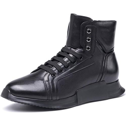 Luxury Brand High Top Genuine Leather Mens Shoes 2020 New Winter Warm Zip Black Cotton Ankle Boots Men Increasing Platform Shoes