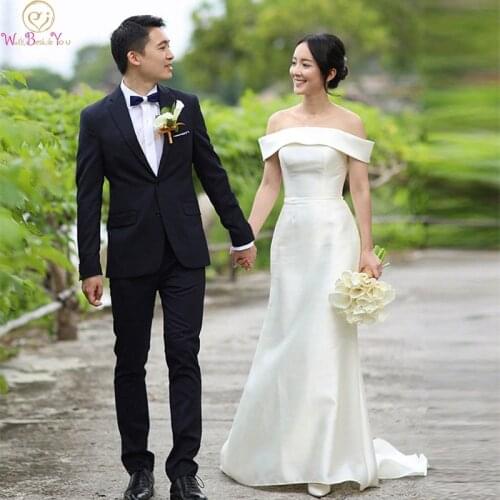 Mermaid Off The Shoulder Ivory Wedding Dresses 2019 New Elegant Korea Style Satin Bridal Gowns Off The Shoulder vestido de noiva