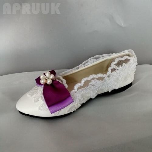 Purple bow butterfly-knot flats shoes woman plus size 41 42 female ladies white lace sexy daily party dress birthday party flats