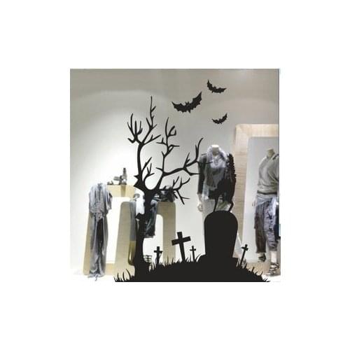 Happy Halloween Large Wall Stickers Tree Bat Cemetery Glass Decal Window Stickers Posters Vinyl
