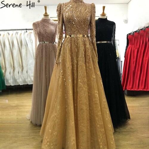 Serene Hill Muslim Gold A-Line Evening Dresses Gowns 2021 Lace Beading Luxury For Women Party LA71141