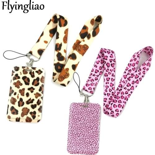 Pink Leopard Pattern Lanyard Credit Card ID Holder Bag Student Women Travel Card Cover Badge Car Keychain Decorations