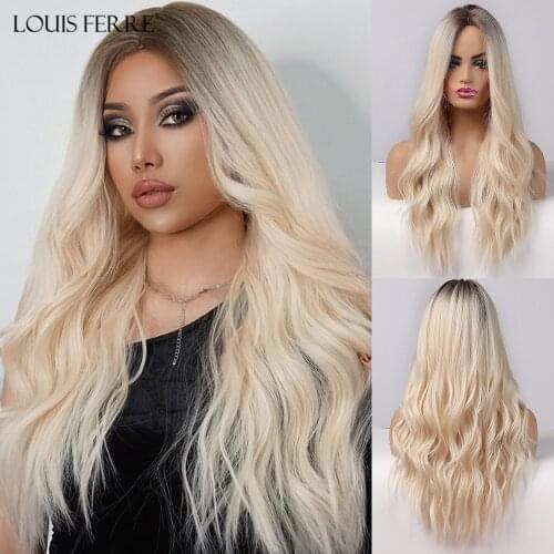 LOUIS FERRE Synthetic Light Blonde Wigs for White Women Long Wave Wig Platinum Fake Hair for Party/Daily Heat Resistant Fibre
