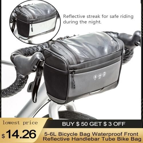 Lixada 5-6L Bicycle Bag Waterproof Front Reflective Tube Bike Bag MTB Large Capacity Handlebar Bag Front Frame Trunk Pannier