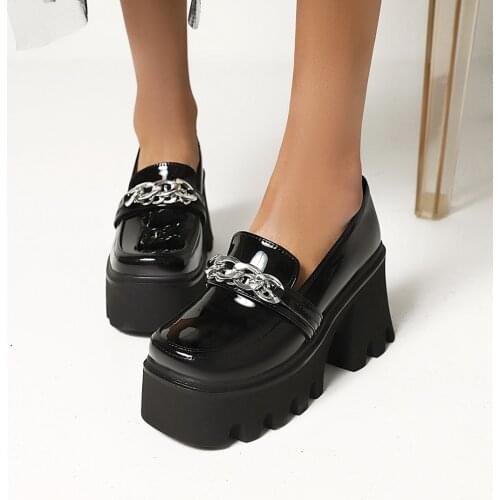 Square Toe Metal Chain Platform Street Trendy Shoes Super High Thick Heel Waterproof Platform Unisex Punk Style Fashion Pumps