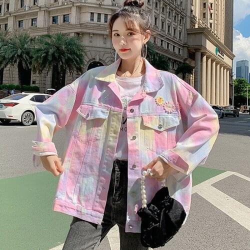 Korean Tie-dye Gradient Womens Loose Denim Jacket Spring Autumn 2021 Casual Long Sleeve Female Students Basic Coat Veste Femme