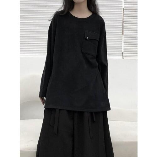 Womens new summer fashion brand long sleeve large pocket design top wool bottom casual large size T-shirt