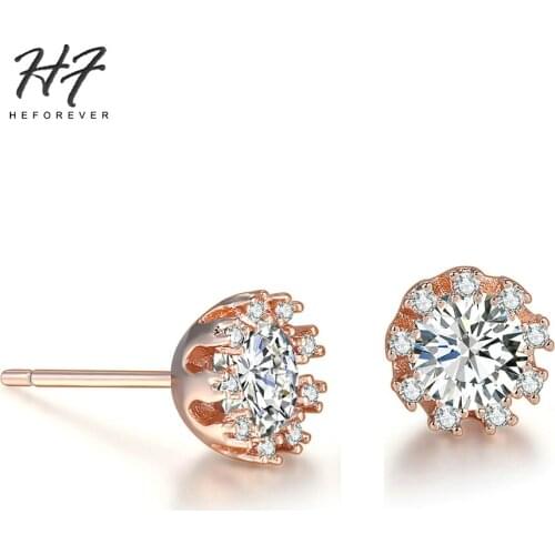 Crystal Wedding Crown Stud Earrings for Women AAA+CZ Rose White Gold Color Daily Party Fashion Jewelry for Girls E021 E022
