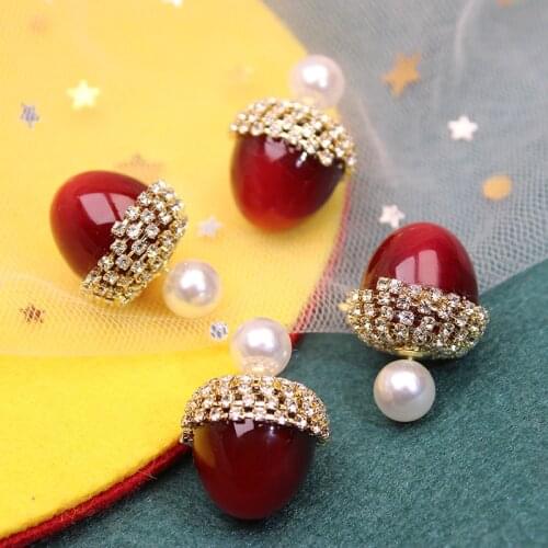 2020 New Trandy Wine Red Cherry Earrings Double Side Pearl Zirconia Silver Stud Earrings For Women Christmas Gift Jewelry