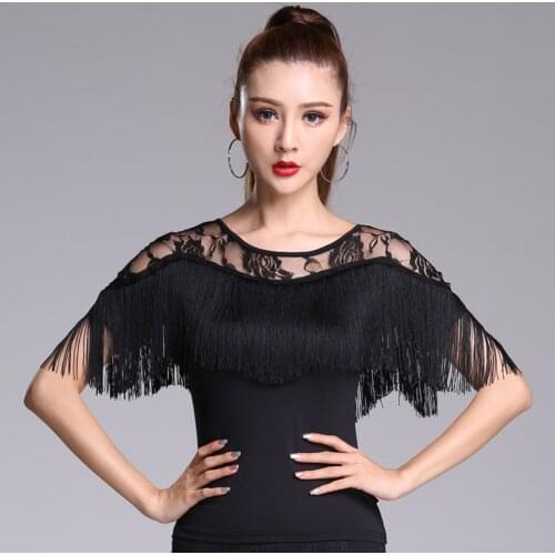 Lace Neck Fringe design Women Latin Dance Tops Tassel Latin Dancing Dress Cloth Tango Chacha Dancing Performamnce SS055