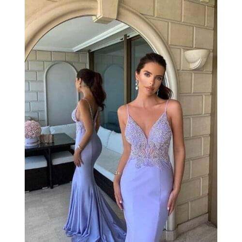 Long Purpl Satin V-Neck Lace Evening Dresses with Train Mermaid Floor Length Criss Cross Back Formal Party Dresses for Women