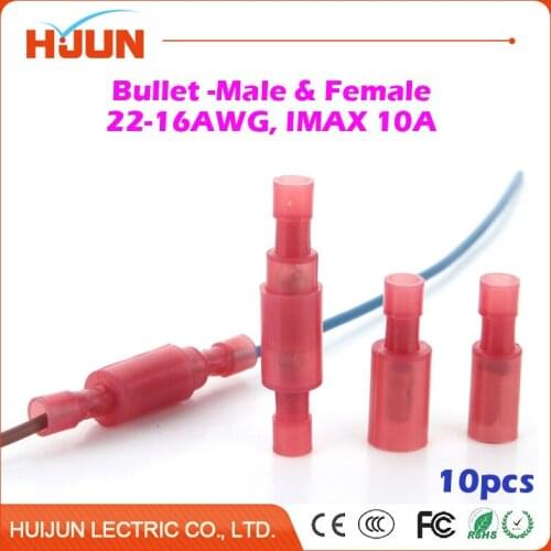 10pcs/lot Bullet-Male & Bullet-Female Red Quick Disconnect Wire Splice Insulation Terminal Connector 22-16AWG 0.5-1.5mm2 10A