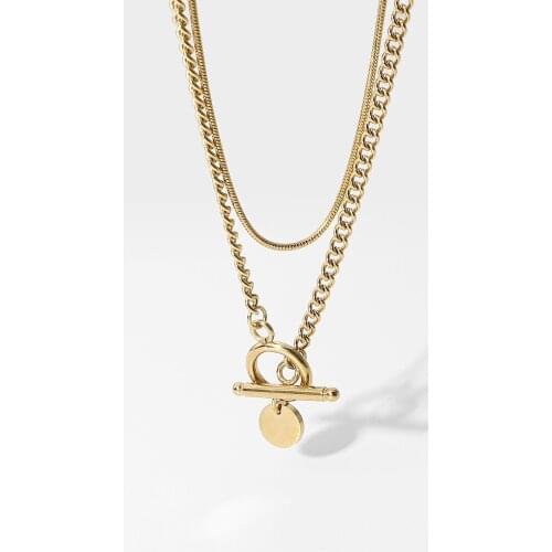 14K Gold Plated Stainless Steel Double Snake Chain Tiny Round Circle Pendant Necklace For Women Stackable OT Stick Buckle Choker