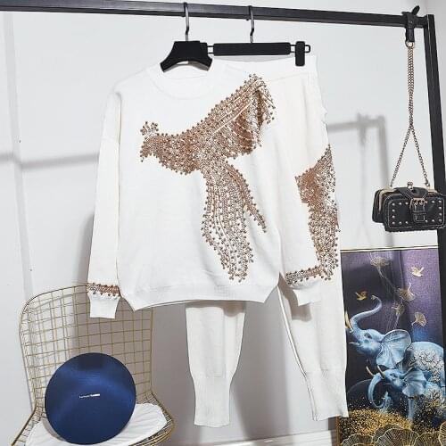 2020 Fashion Spring Autumn Women Pullover Fashion Phoenix Beaded Long sleeve Loose Knitted Sweater + Casual Pants Two Piece Set
