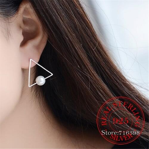 925 Sterling Silver Big Triangle Ear Piercing Stud Earrings for Women Wedding Pearl Jewelry Party Gift pendientes
