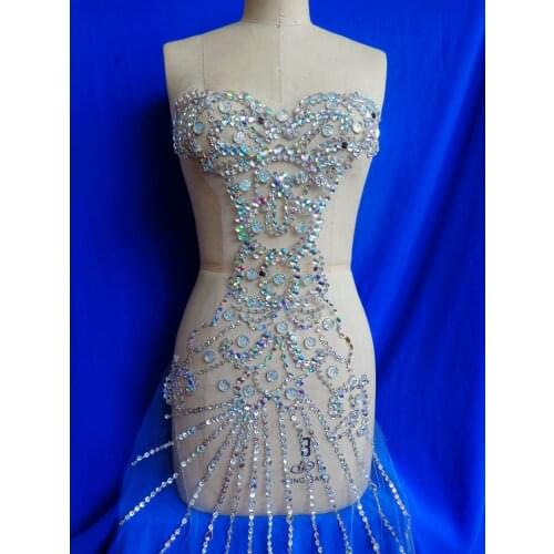 A47 Pure hand made dazzling sew on Rhinestones applique clear AB colour crystals trim patches 95*36cm DIY dress accessory
