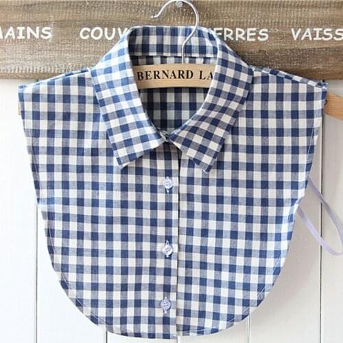 Bead hollow shirt female fake wine tassel Peter Pan Lapel Blouse Women Clothes collar Blue and white plaid shirt fake collar