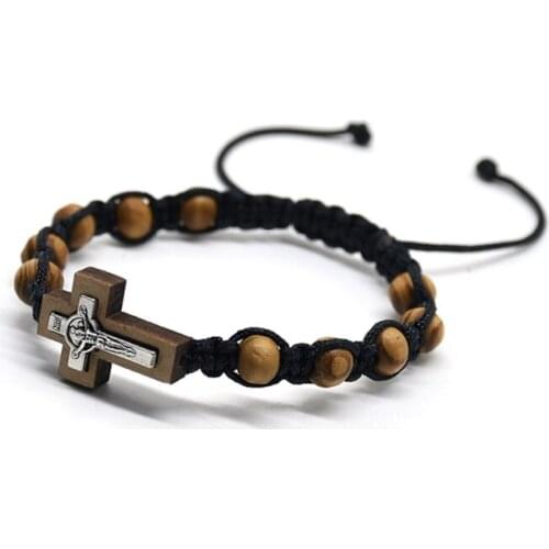 Cross Bracelet Pine Beads Weaving Knot Rosary Saint ​Benedic Bracelet Adjustable Rope Chain Suitable for Most Adults
