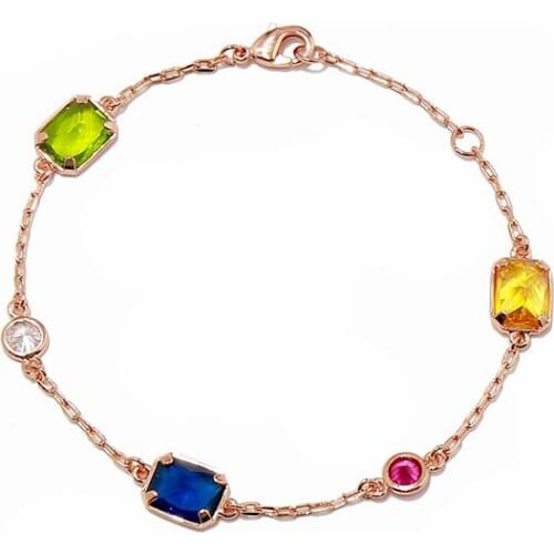 SLJELY Fashion Multicolor Zircon Square Candy Bracelet Silver Color Pink Gold 3 Colors Chain Crystal Bracelet for Women Girls