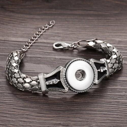 New Metal 18MM Snap Button Bracelet Women Bangle Elasticity Bracelet Retro Silver Color Bohemia Snap Bracelet Cuff Bangles