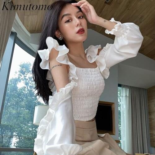 Kimutomo Elegant Fungus Blouse French Fashion Puff Long Sleeve Hollow Square Collar Elastic Slim Waist All Match Short Shirt