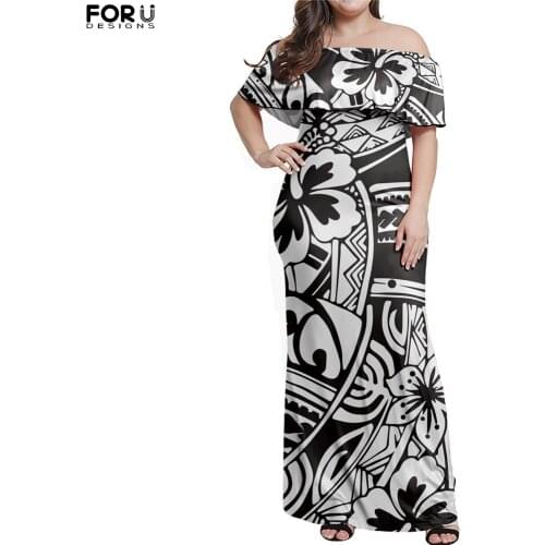 FORUDESIGNS Women Vintage Long Dress Hawaiian Plumeria Flower Print Off Shoulder Ladies Leisure Ruffle Party Skirt Vestidos