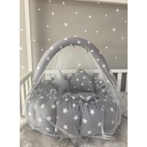 Jaju Baby Handmade Gray Star Retractable Play Mat Babynest with Mosquito Net Apparatus