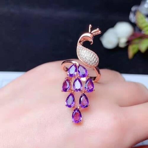 Boutique Purple Crystal S925 Pure Silver Peacock Modeling Ring Fine Fashion Wedding Jewelry for Women Free Shipping