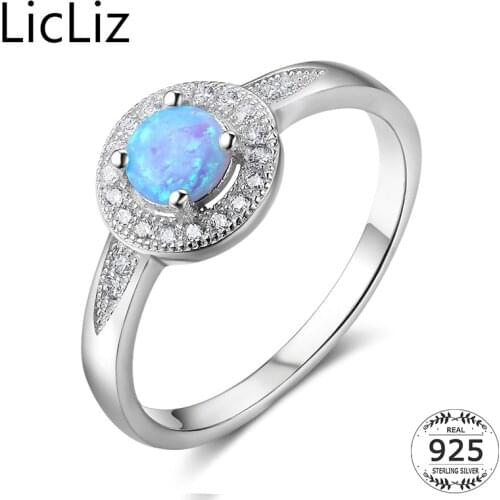LicLiz 925 Sterling Silver Rings For Women Blue Opal Wedding Band Pave Cubic Zirconia Engagement Rings Halo Finger Bridal LR0349