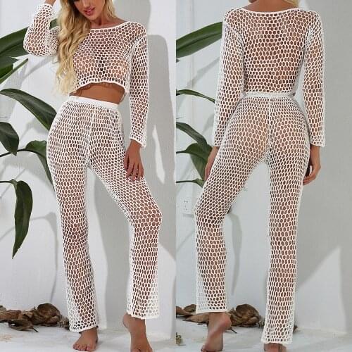 2PCS/Set Crochet Bikini Set Cover-up Sexy Sexy Beach Pant Tassel Women Beach Pants See Through Wide Leg Pants Sea Cover Up