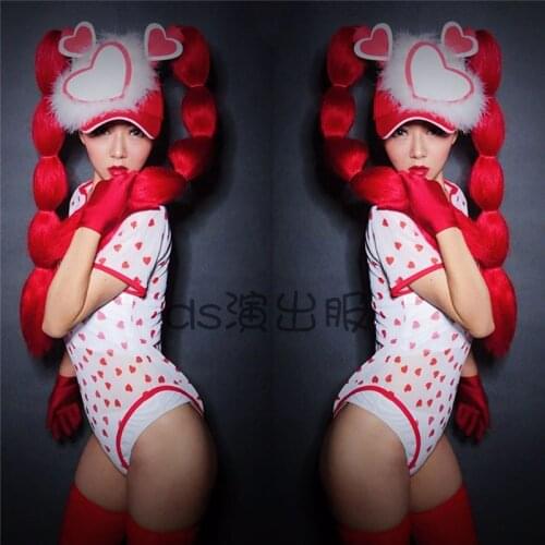 Bar Nightclub Sexy Dance Costume Women DJ Singer Dancer Team Stage Wear White Red Heart Pattern Bodysuit With Hat Outfit DWY4636