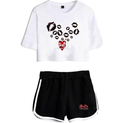 Kawaii Buffy The Vampire Slayer Two Piece Set Summer Sexy Cotton T Shirt Woman New Suit Shorts Crop Fashion Y2K Girl Clothes