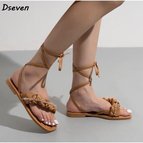 Summer Two Wear Beaded Cross Strappy Womens Sandals Fashion Word Flat Sandals Flip Flops Open Toe Casual Sandals Plus Size