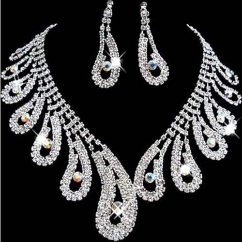 Fashion Rhinestones Bridal Jewelry Sets Silver Crystals Wedding Necklaces And Earrings For Bride Prom Evening Party Accessories