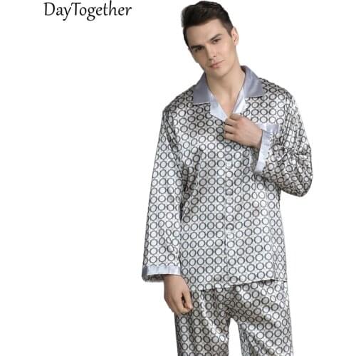 Men Printed Silk Pajamas Spring Summer Pants Suit Large Size Stain Silk Pajama Set Male Sleepwear Home Clothes