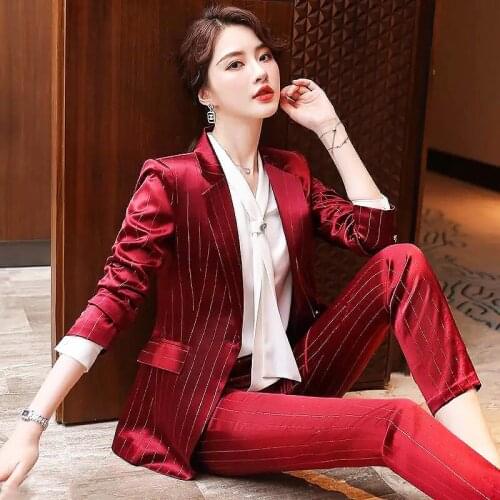 Autumn OL Pant Suits 2 Piece Set for Women Business Suit Set Slim Satin Blazer And Pencil Pant Elegance Womens Suit LS140