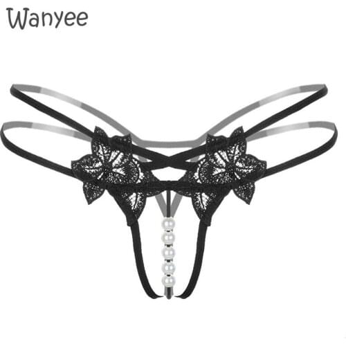 Sexy Women Lingerie Low Waist Temptation Embroidery Perspective Erotic Underwear Panties Ladies Thong Pearl Panties Transparent