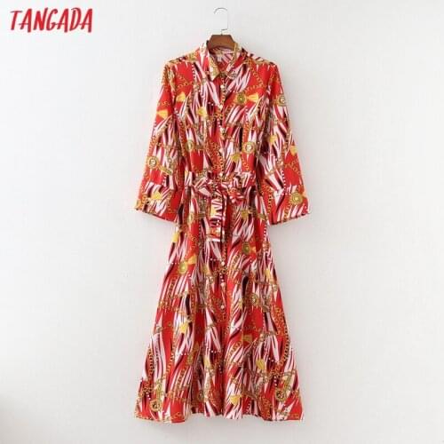 Tangada 2021 Autumn Fashion Women Red Chain Print Shirt Dress Long Sleeve Office Ladies Midi Dress with Slash 1D62