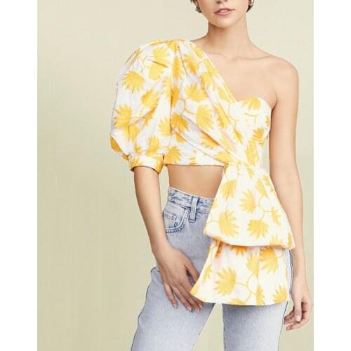 Print Strapless Crop Top Women One Shoulder Lantern Sleeve Asymmetrical Oblique Collar Blouses , New Summer Casual Streetwear