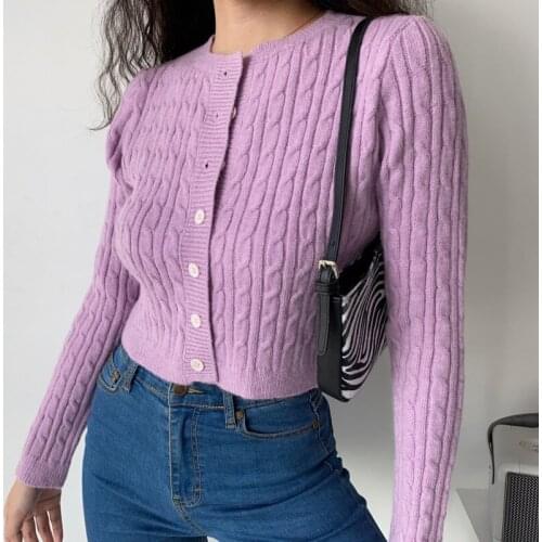 WOMENGAGA crew neck long sleeve knitted Twist sweater winter women clothing solid color single breasted short cardigan FXEU