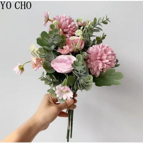 YO CHO Artificial Flower Bride Wedding Bouquet Silk Rose Daisy Pompon Bridesmaid Bouquet Fake Flower Pink Home Party Table Decor