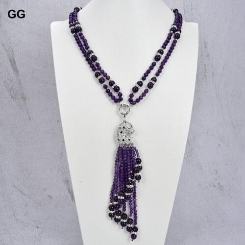 GuaiGuai Jewelry 22" 2 Rows Natural Purple Amethyst Necklace CZ Pave Tassel Pendant