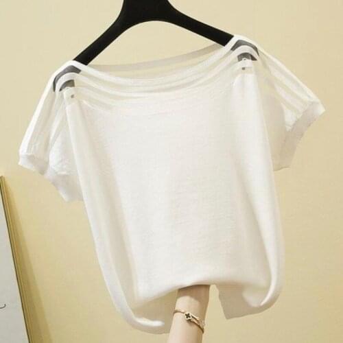 One-word neck knitted short-sleeved T-shirt women 2021 summer new Korean style leisure all-match bottoming top