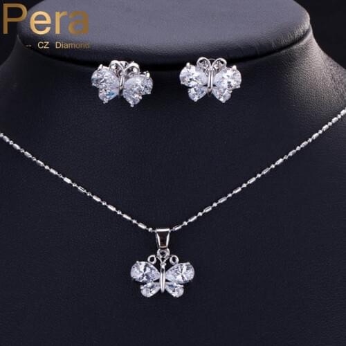 Pera Fashion Korean Ladies Accessories Clear White Butterfly Cubic Zirconia Stone Silver Color Jewelry Set for Women J069