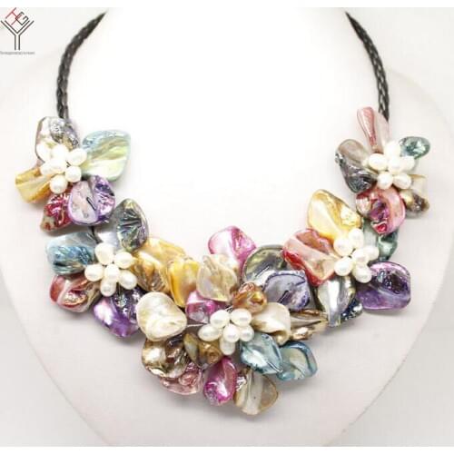 Women Jewelry natural white pearl bright Multicolor mixed 5 flowers pendant shell mother of pearl necklace black leather 18"