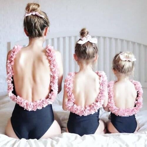 Sexy 3D Flower Strap Backless Mother Daughter Family Matching Swimwear Women Girl Floral One Piece Swimsuit Bikini 2021