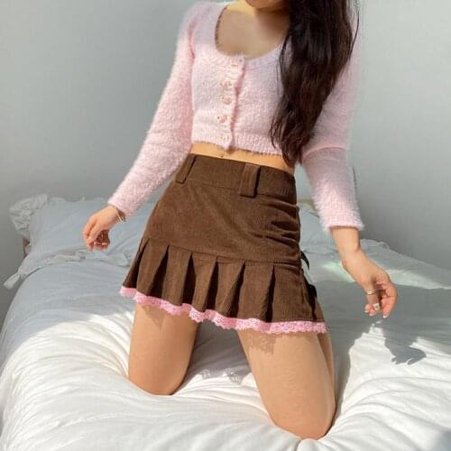 Ladies Mini Dress Women Ruffle Hem Skirt Casual Brown Pleated Skirt Streetwear Casual Street Wear Sexy Short Dress