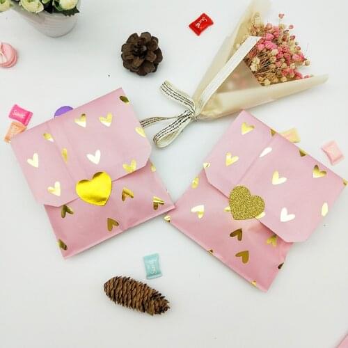 100pcs Candy Color Paper Bags with Gold Foil Hearts for Gift Food Birthday Party Decoration Kids Candy Cookie Paper Bags Sticker