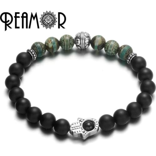 REAMOR Fatima Hand Natural Stone Bead Bracelet Men Women 8mm Black Onyx Stainless steel Buddha Lotus Bracelets Trendy Jewelry